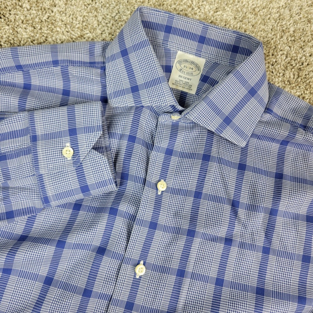 Brooks Brothers Regent Mens 15-34 Blue Plaid Button Up Long Sleeve